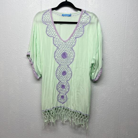 Blue Ginger Embroidered Fringe Tunic Small Boho Beach Coastal Nautical Festival - Picture 1 of 11